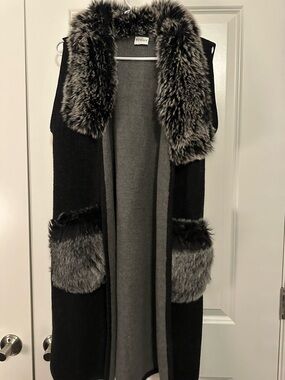 Sioni Black and Gray Faux Fur-Trim Vest